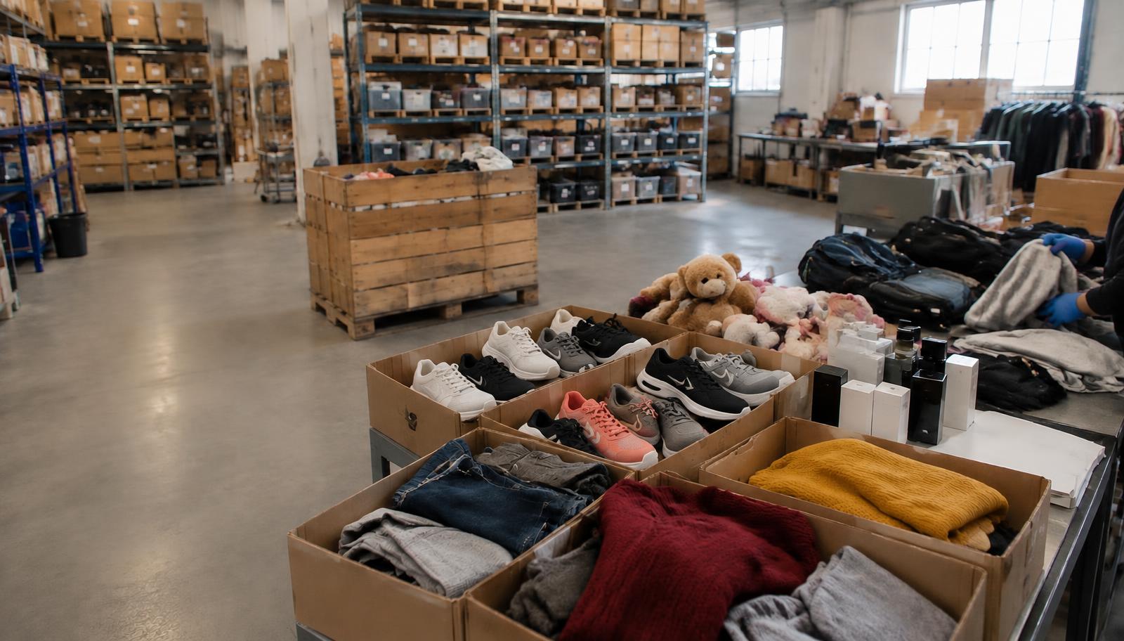 Warehouse table with assorted clothing, shoes, fragrances and toys
